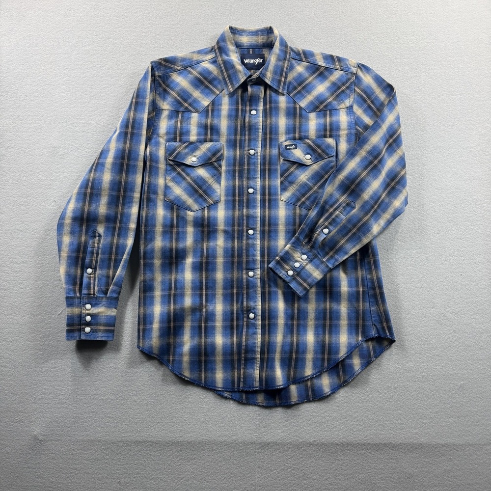 Wrangler Shirt Mens Medium Blue Plaid Flannel Western Pearl Snap Long Sleeve